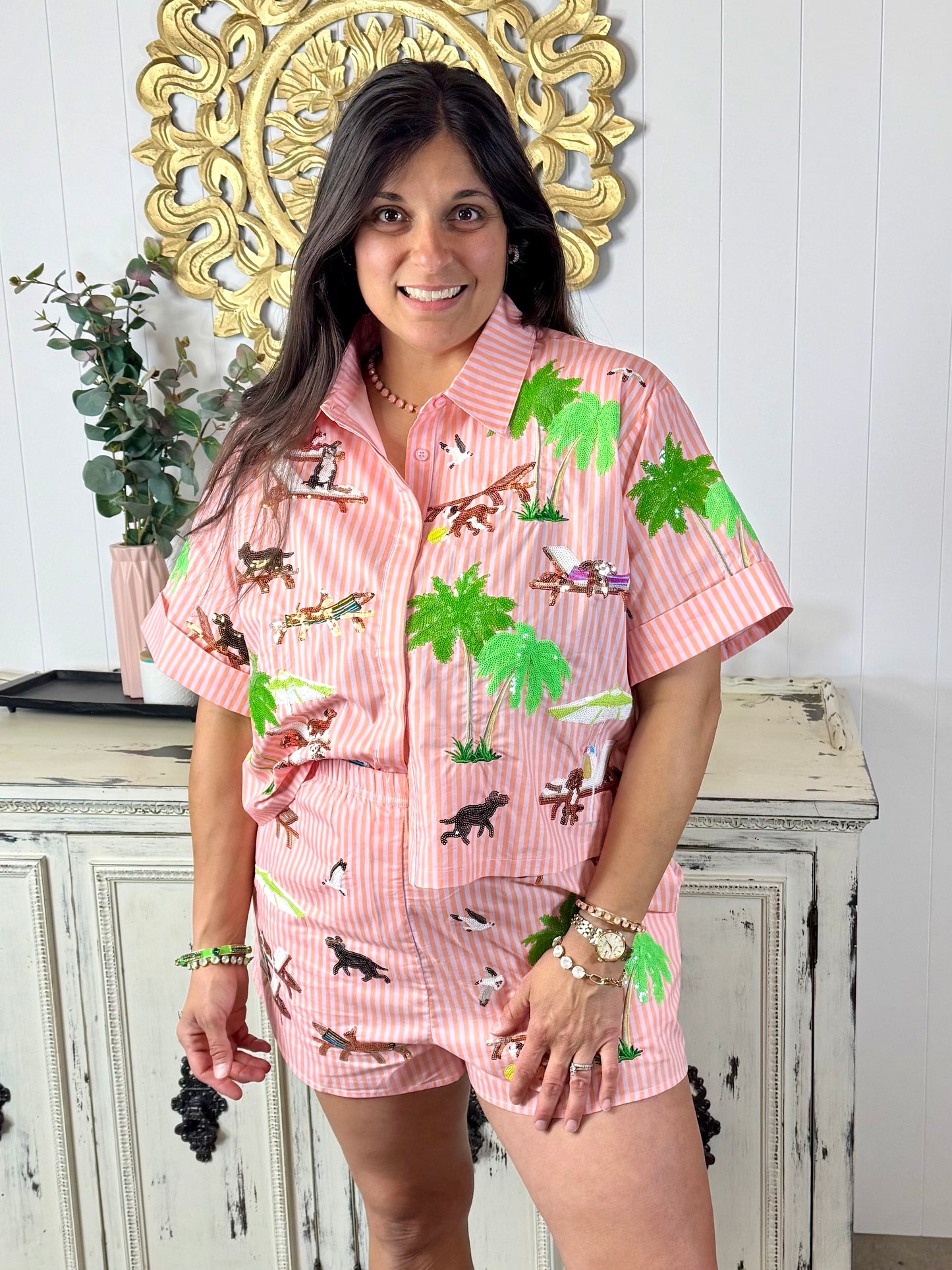 Queen of Sparkles Orange Stripe Dog At The Beach Cotton Short