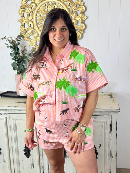 Queen of Sparkles Orange Stripe Dog At The Beach Cotton Short