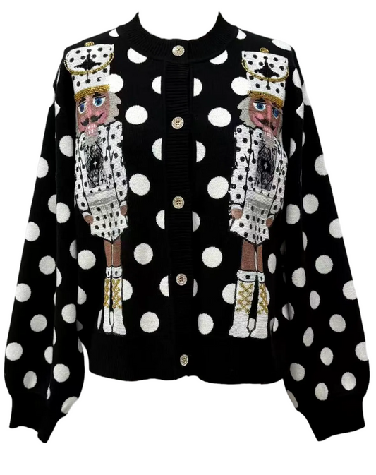 Queen of Sparkles Black & White Polka Dot Nutcracker In Qos Button Up Cardigan