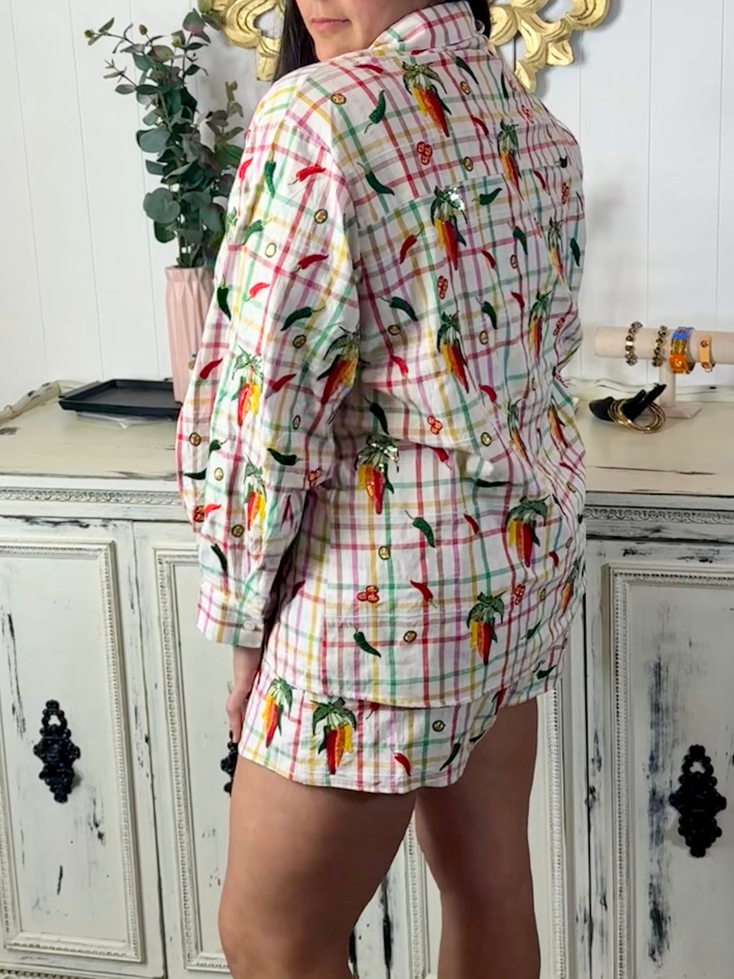 Queen of Sparkles Rainbow Plaid Chili Pepper Button Up Cotton Top