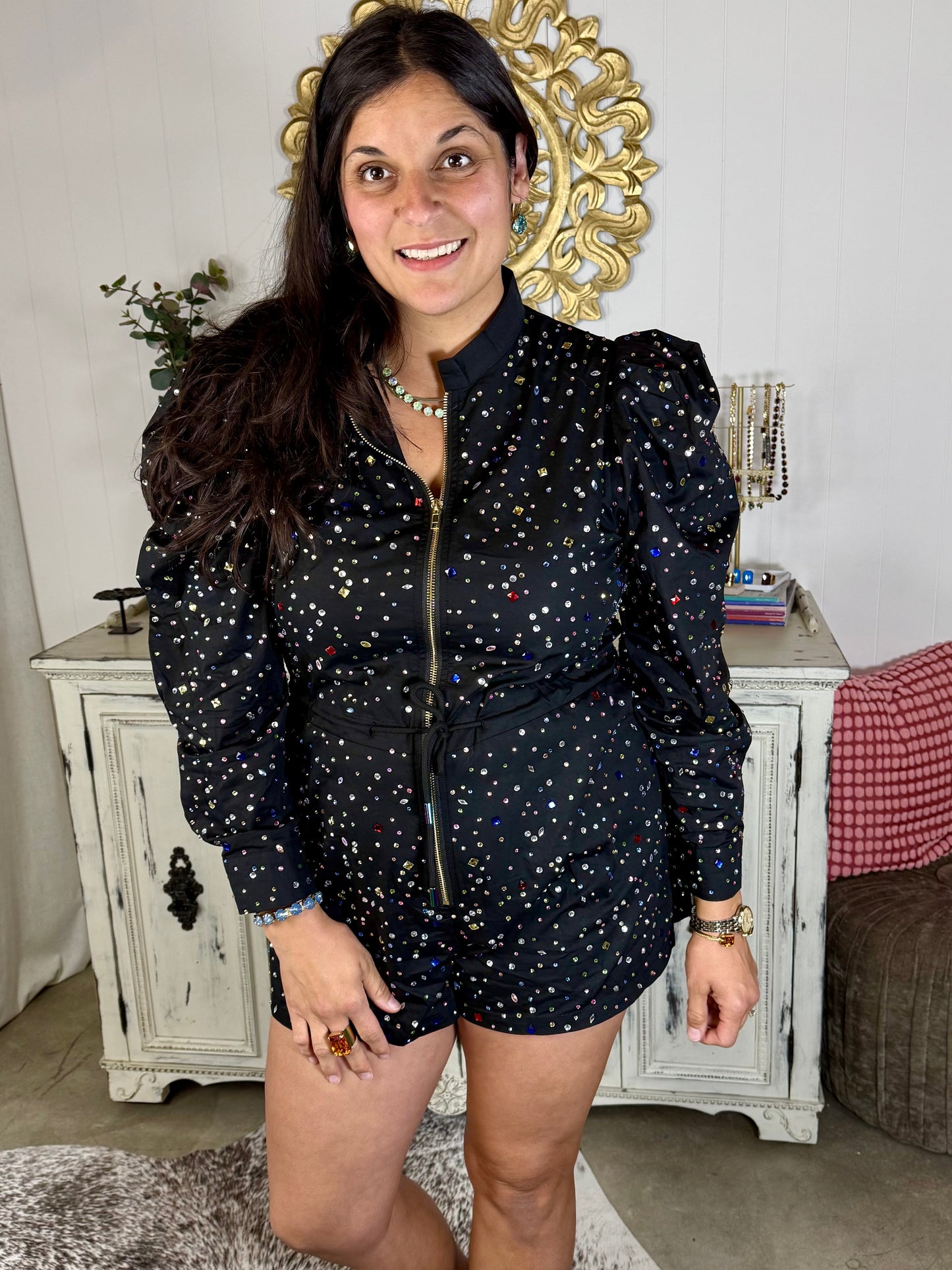 Queen of Sparkles Black Multi Scattered Rhinestone Romper