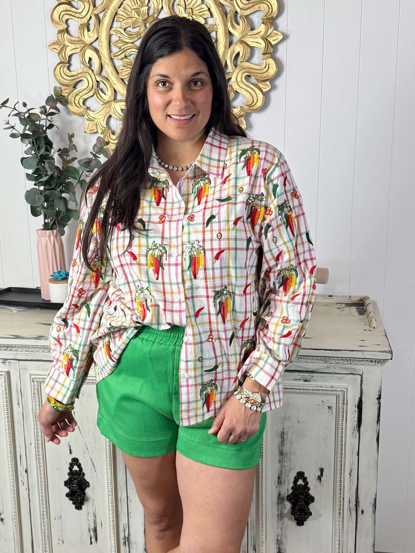 Queen of Sparkles Rainbow Plaid Chili Pepper Button Up Cotton Top