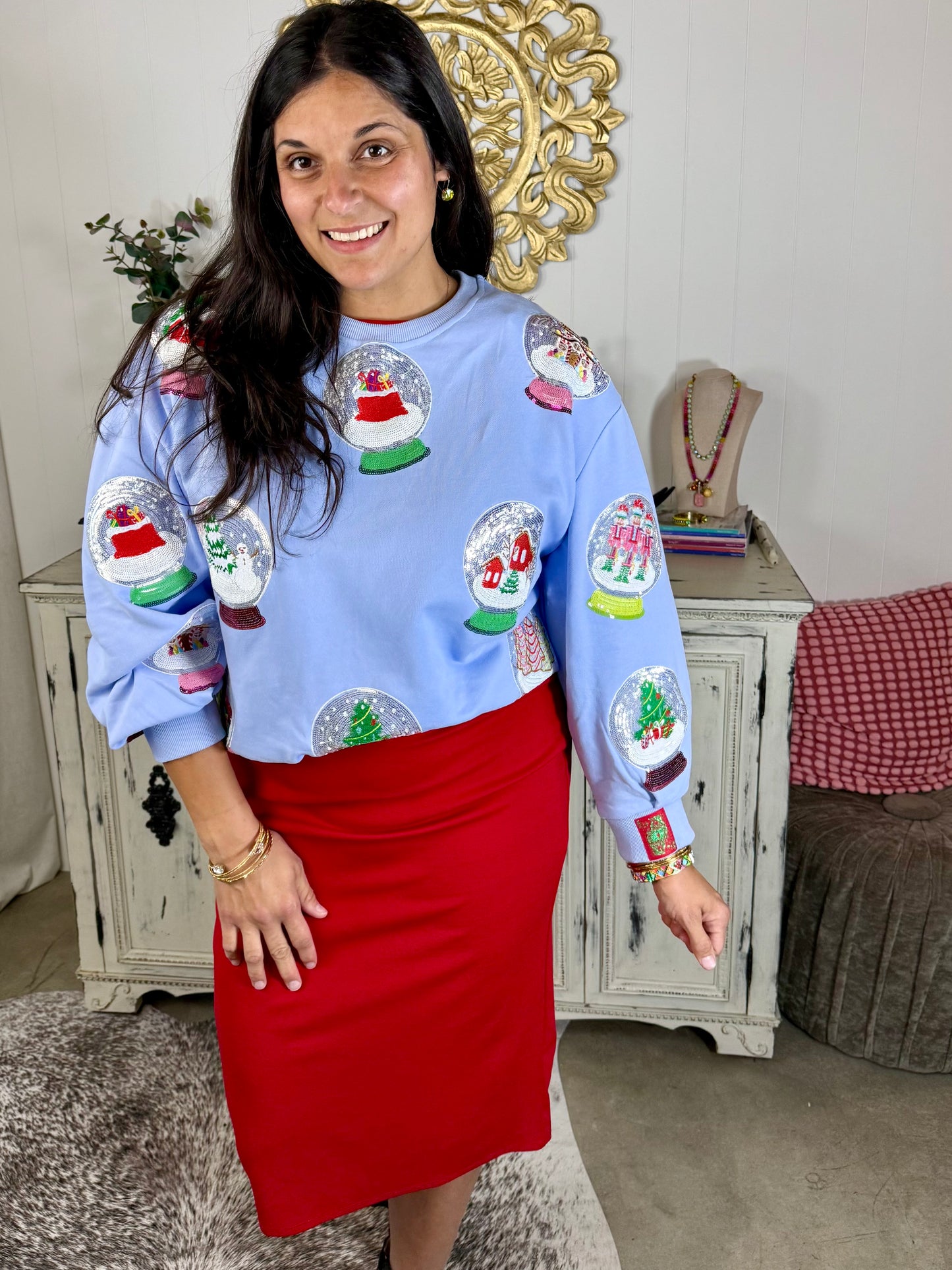 Queen of Sparkles Blue Christmas Snow Globe Sweatshirt
