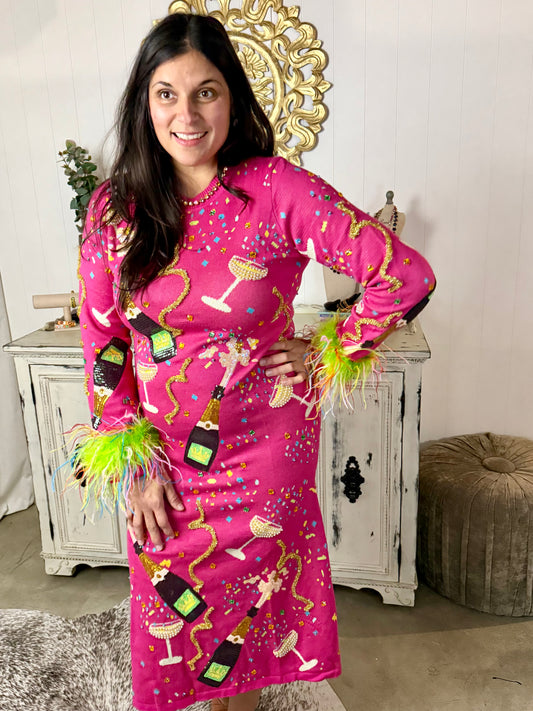 Queen of Sparkles Hot Pink Popping Champagne Midi Dress