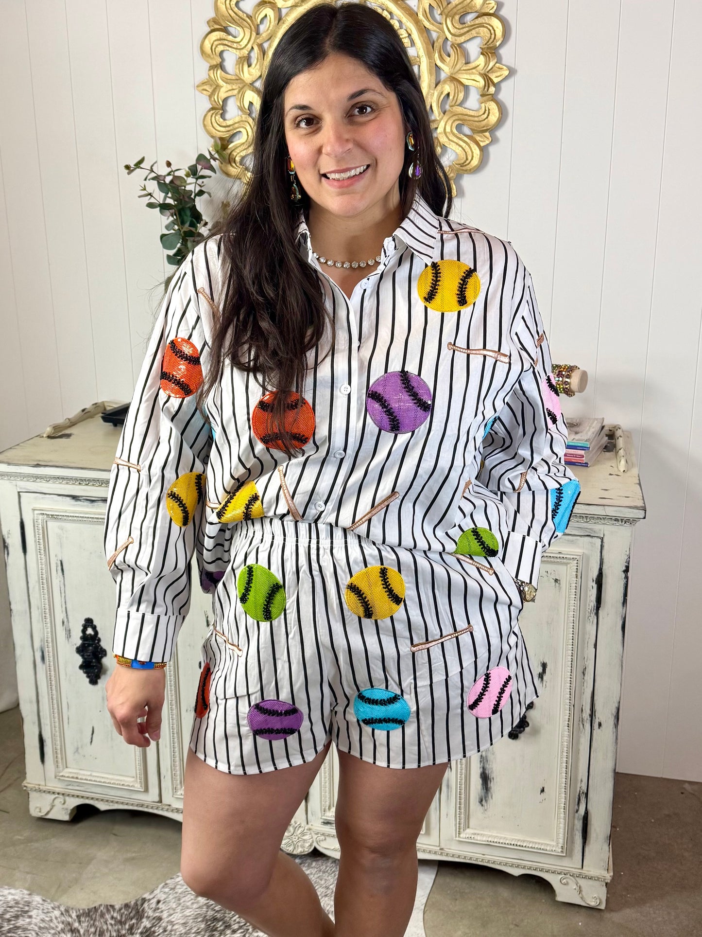 Queen of Sparkles Black & White Multi Baseballs & Bats Button Up Cotton Long Sleeve Top