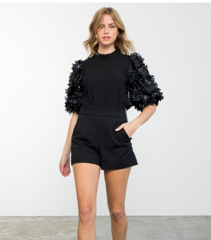 Black Sequin Puff Sleeve Textured Top