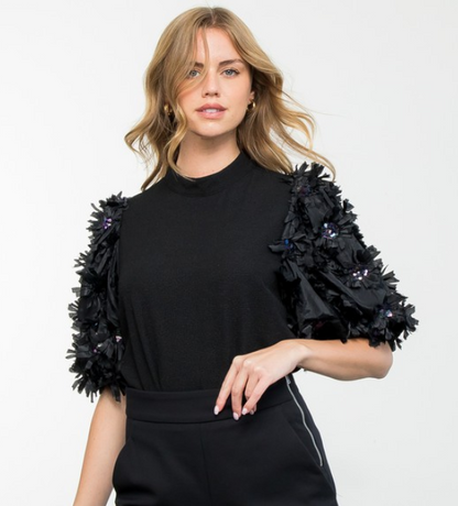 Black Sequin Puff Sleeve Textured Top