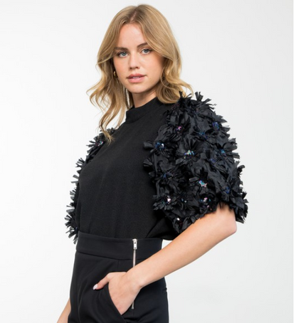 Black Sequin Puff Sleeve Textured Top