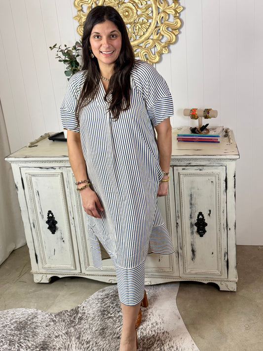 Indigo Striped Seersucker Dress