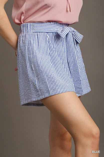 Blue Seersucker Tie Waist Shorts