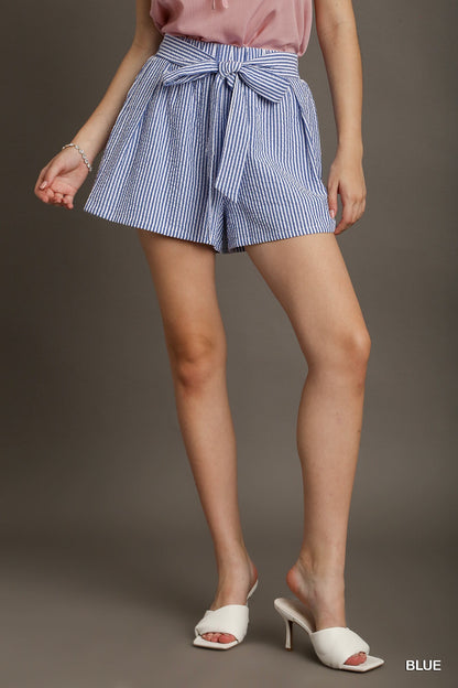 Blue Seersucker Tie Waist Shorts