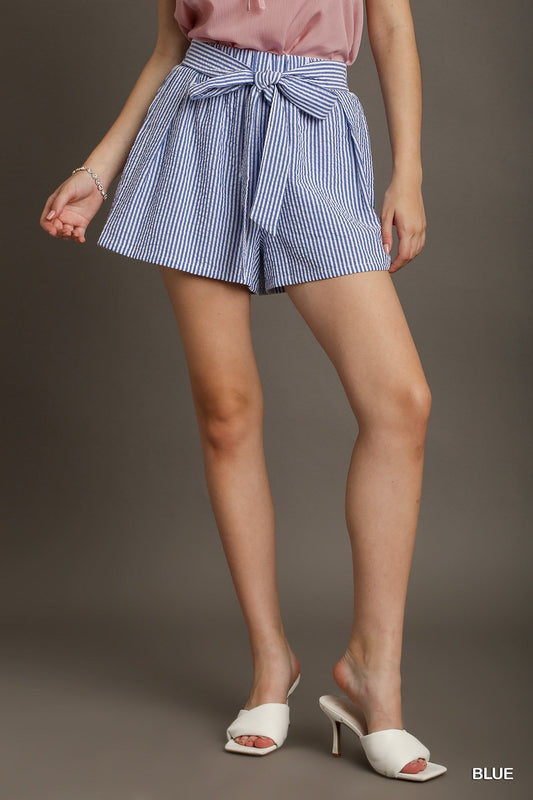 Blue Seersucker Tie Waist Shorts