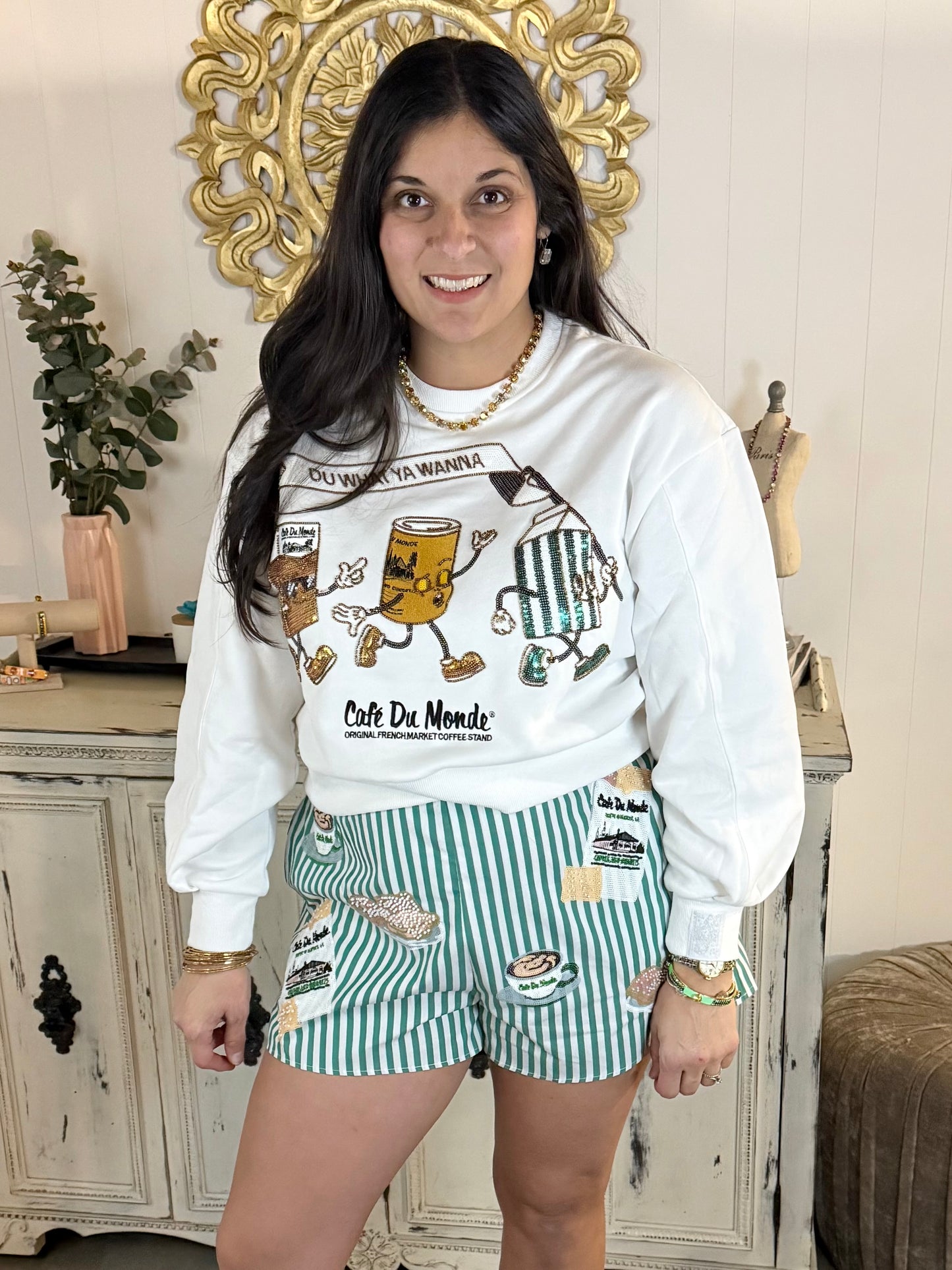 Queen of Sparkles Green & White Stripe Cafe Du Monde Short