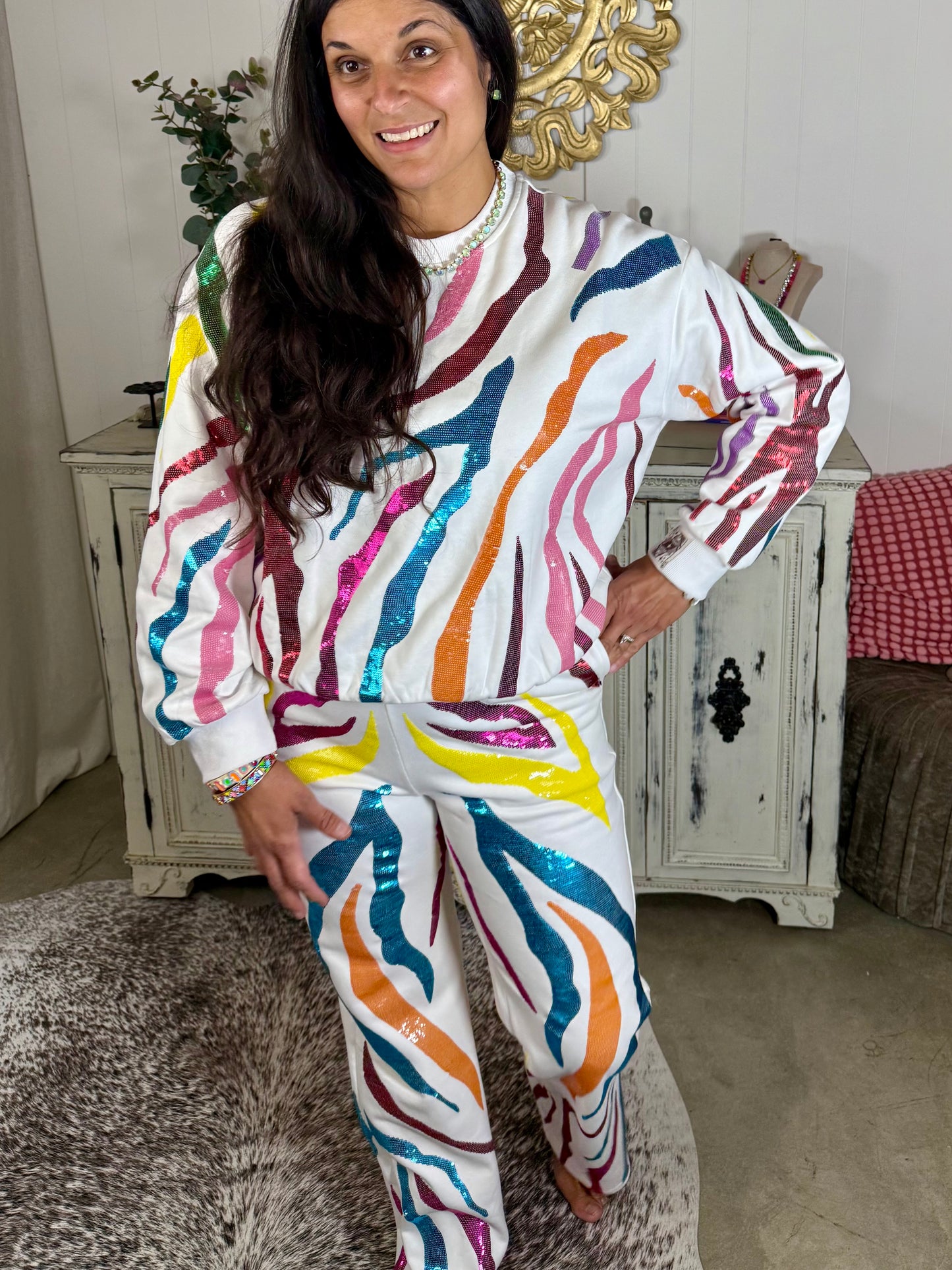 Queen of Sparkles White and Rainbow Tiger Stripe Sweatshirt