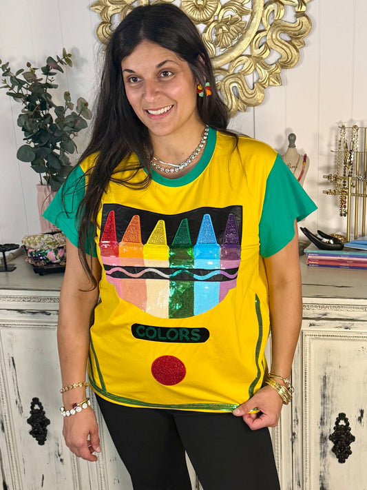 Queen of Sparkles Green and Yellow Crayon Tee