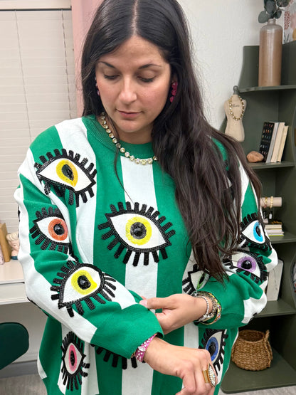 Queen of Sparkles Green & White Striped Multi Eye Sweater