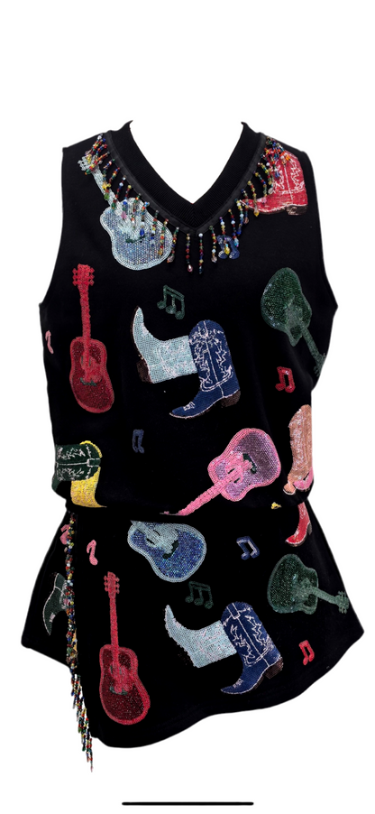 Queen of Sparkles Black Multi Guitars & Boots Top