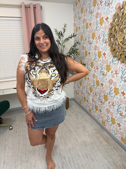 Queen of Sparkles White Oversized Tiger Feather Trim Tank