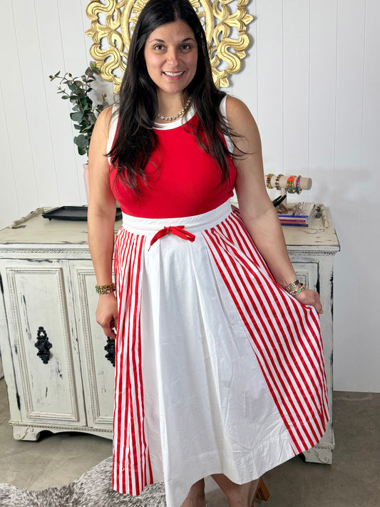 Red Sleeveless Striped Midi Dress