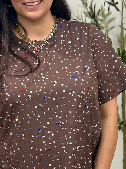 Queen of Sparkles Brown Multi Rhinestone Cotton Short Sleeve Dress