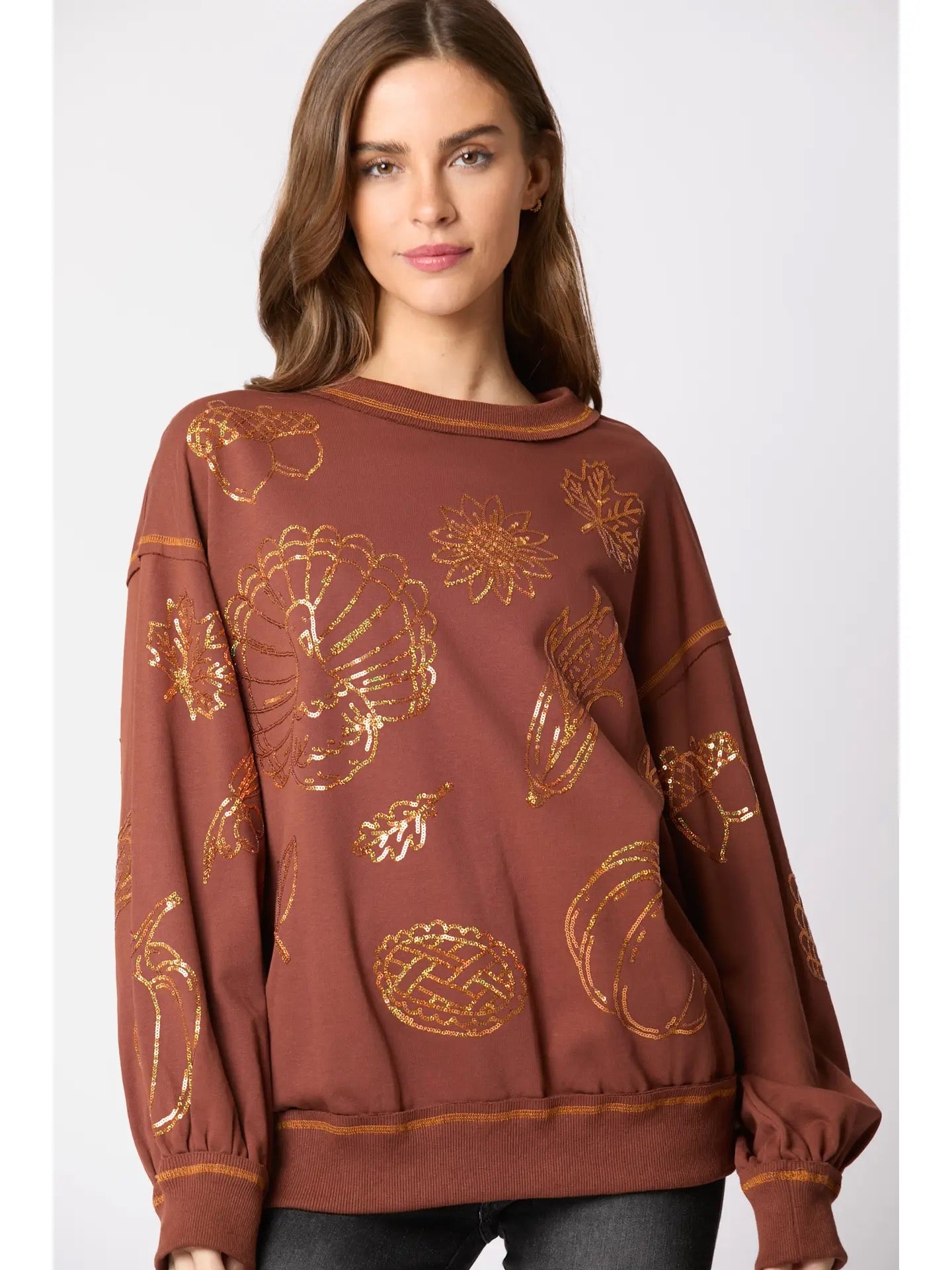 Brown Sequin Thanksgiving Icon Sweatshirt