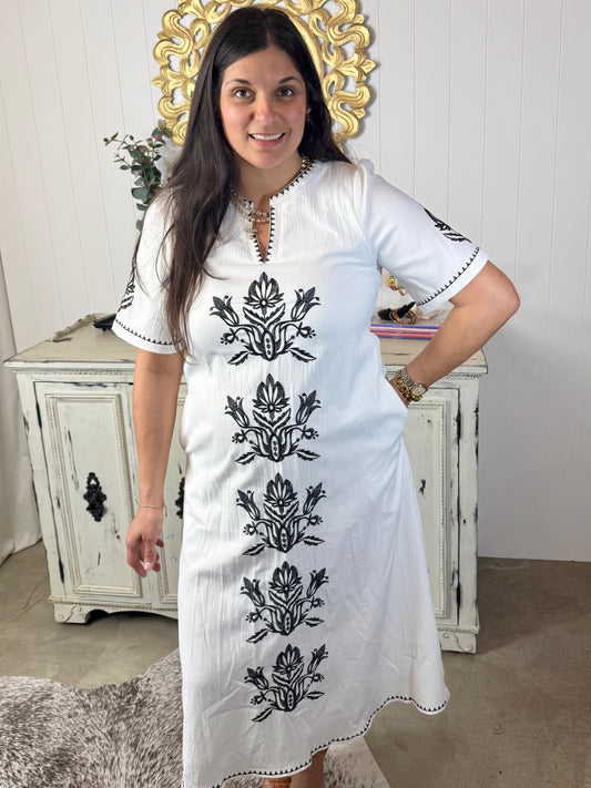 Off White Embroidered Midi Dress
