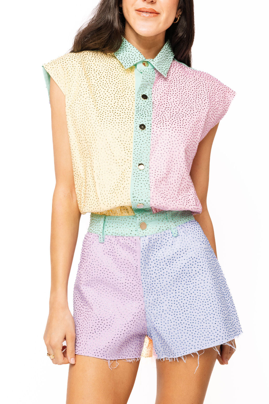 Queen of Sparkles Pastel Colorblock Rhinestone Romper