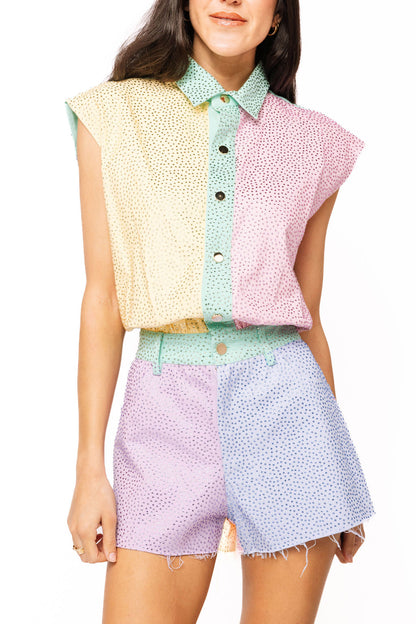 Queen of Sparkles Pastel Colorblock Rhinestone Romper