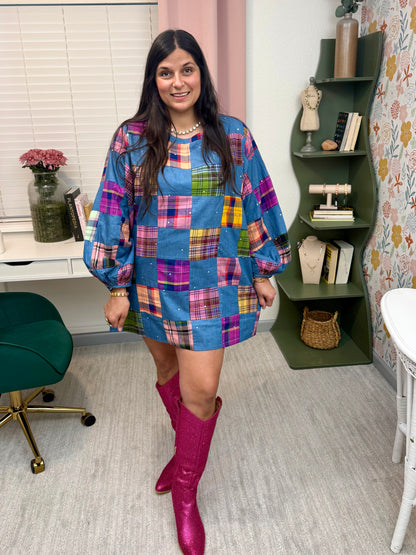 Queen of Sparkles Denim & Multi Plaid Checkered Bubble Sleeve Dress
