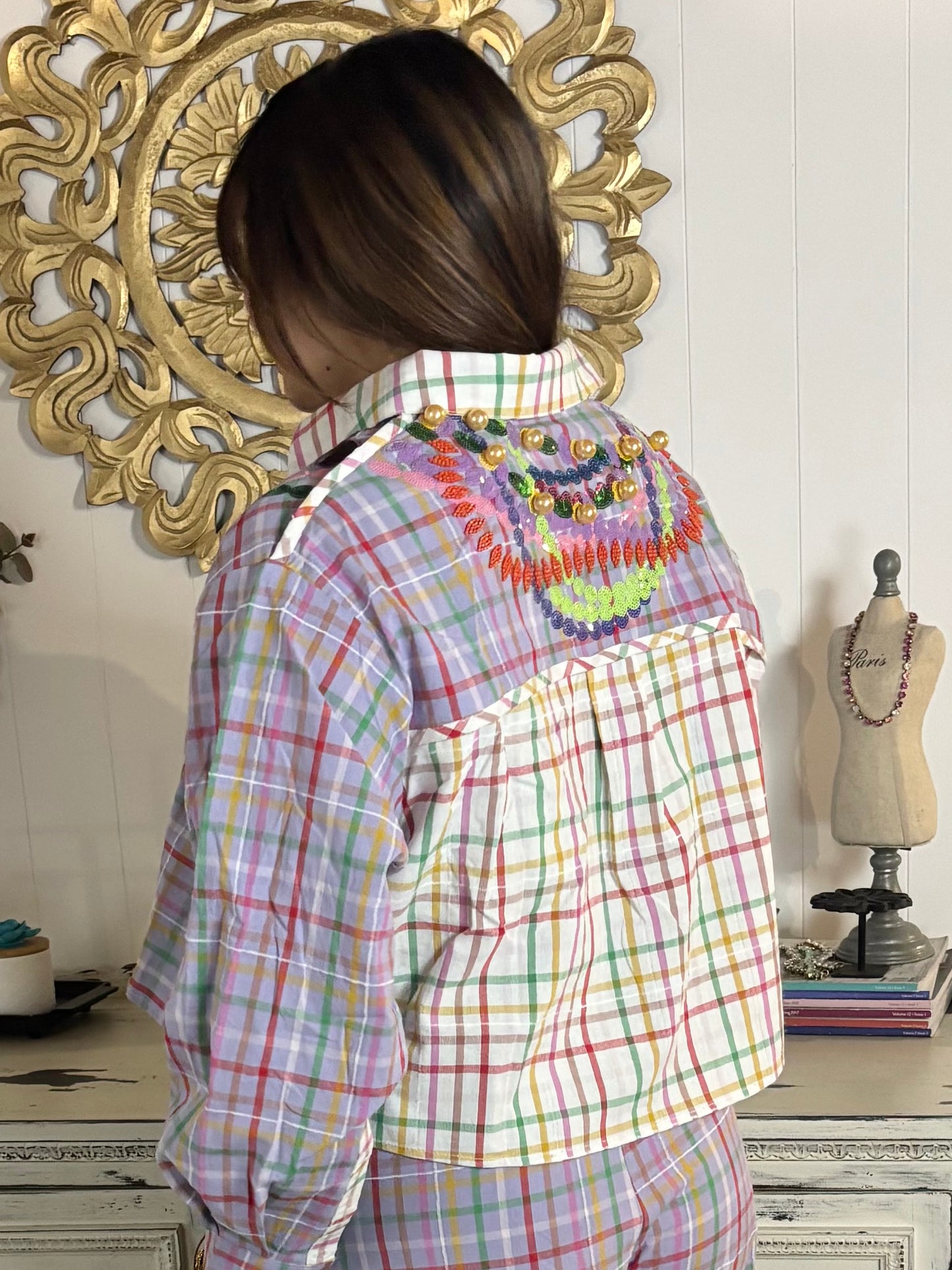 Queen of Sparkles Plaid Mardi Gras Bead Top