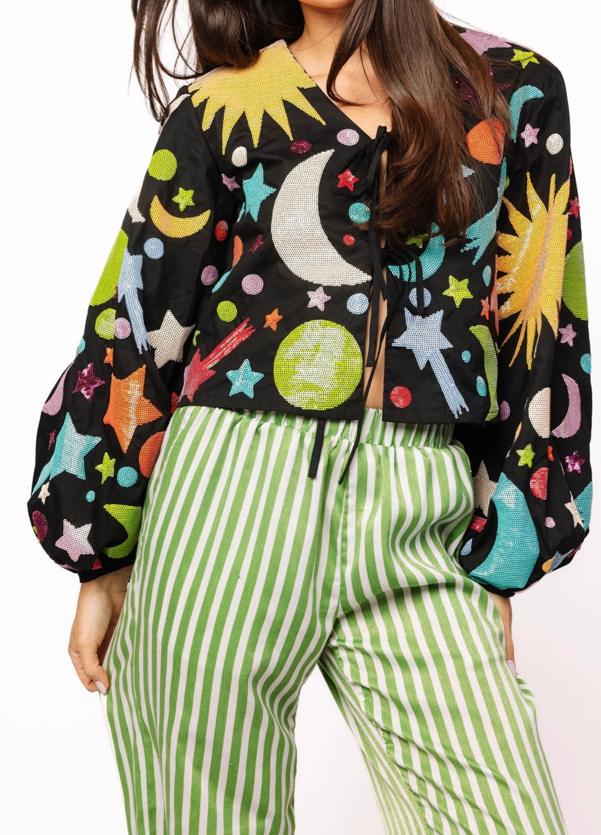 Queen of Sparkles Black Multi Galaxy Tie Front Top