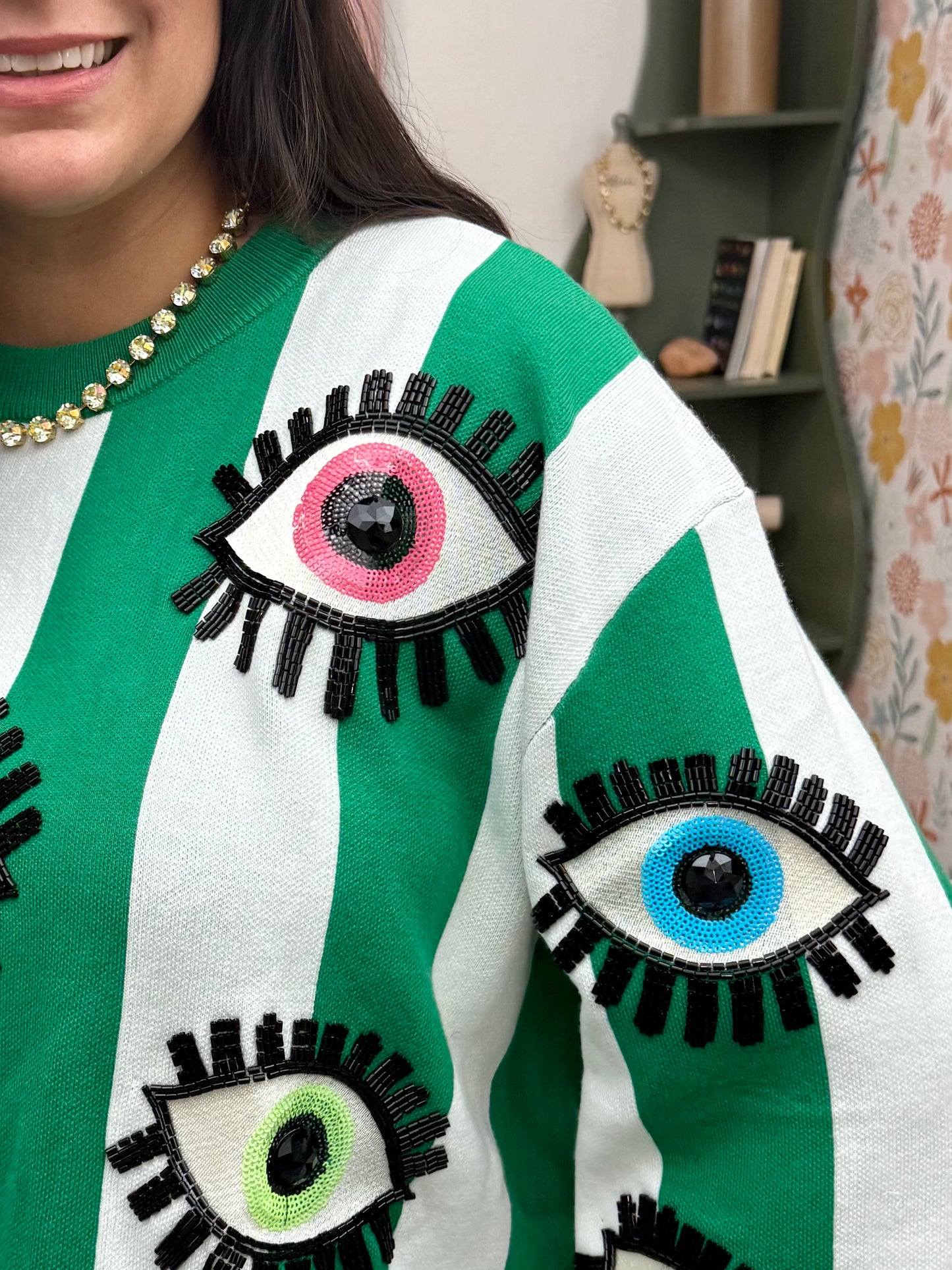 Queen of Sparkles Green & White Striped Multi Eye Sweater