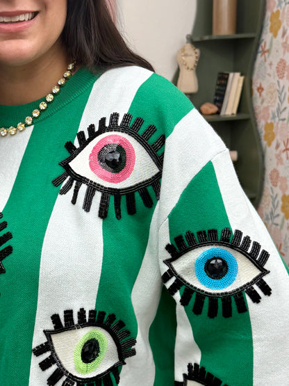 Queen of Sparkles Green & White Striped Multi Eye Sweater