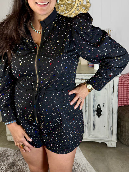 Queen of Sparkles Black Multi Scattered Rhinestone Romper