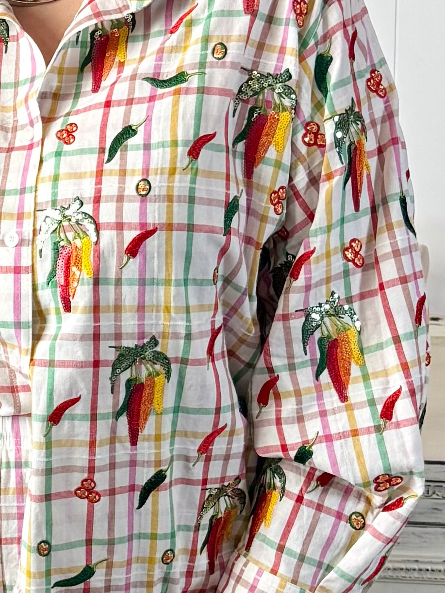 Queen of Sparkles Rainbow Plaid Chili Pepper Button Up Cotton Top