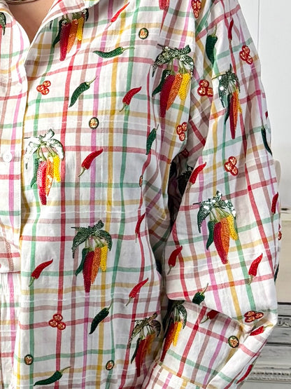 Queen of Sparkles Rainbow Plaid Chili Pepper Button Up Cotton Top