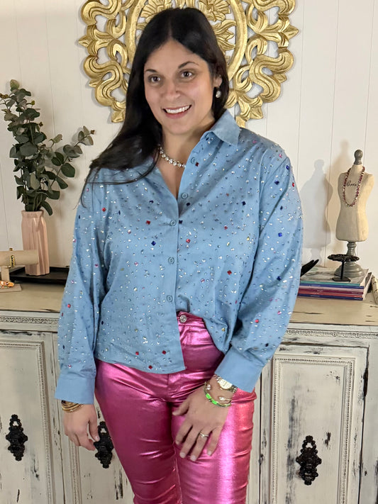 Queen of Sparkles Chambray Gemstone Button Up Top