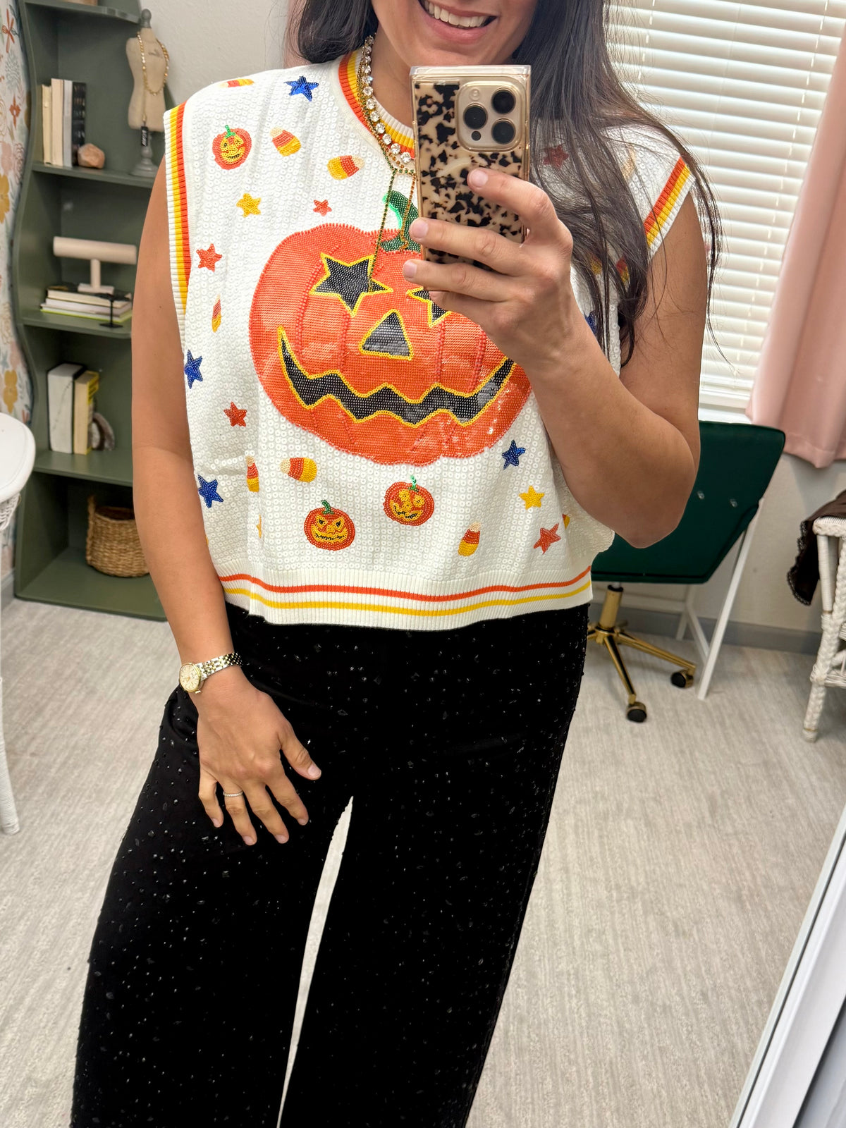 Queen of Sparkles White Full Sequin Pumpkin & Small Icon Vest