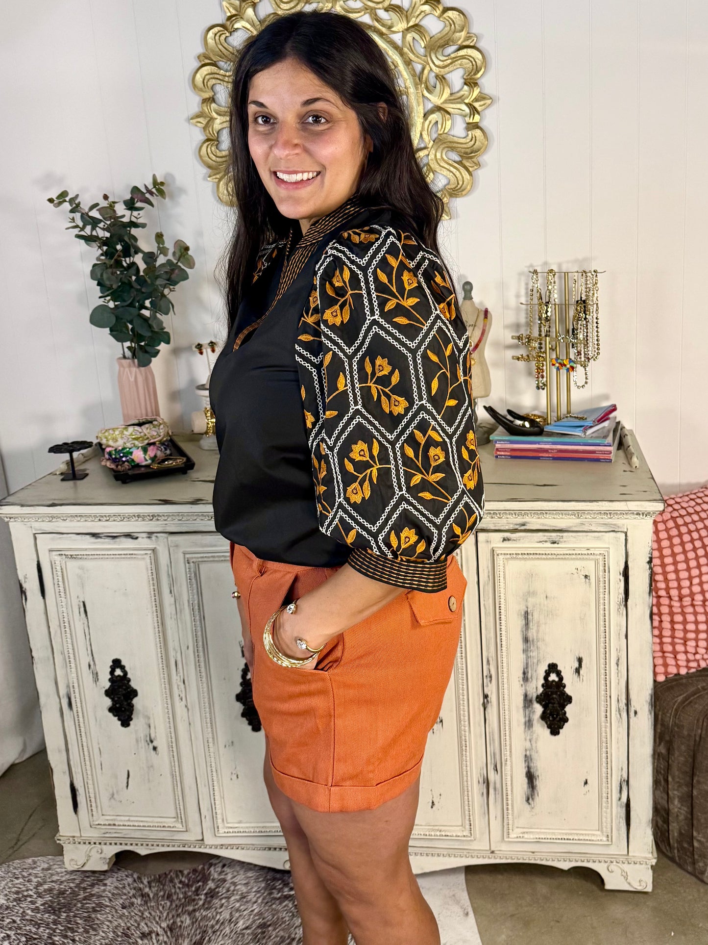 Black Embroidered Floral Pattern Top