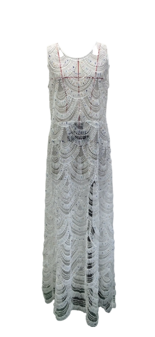 Queen of Sparkles White Lace & Sequin Sheer Midi Dress/Coverup