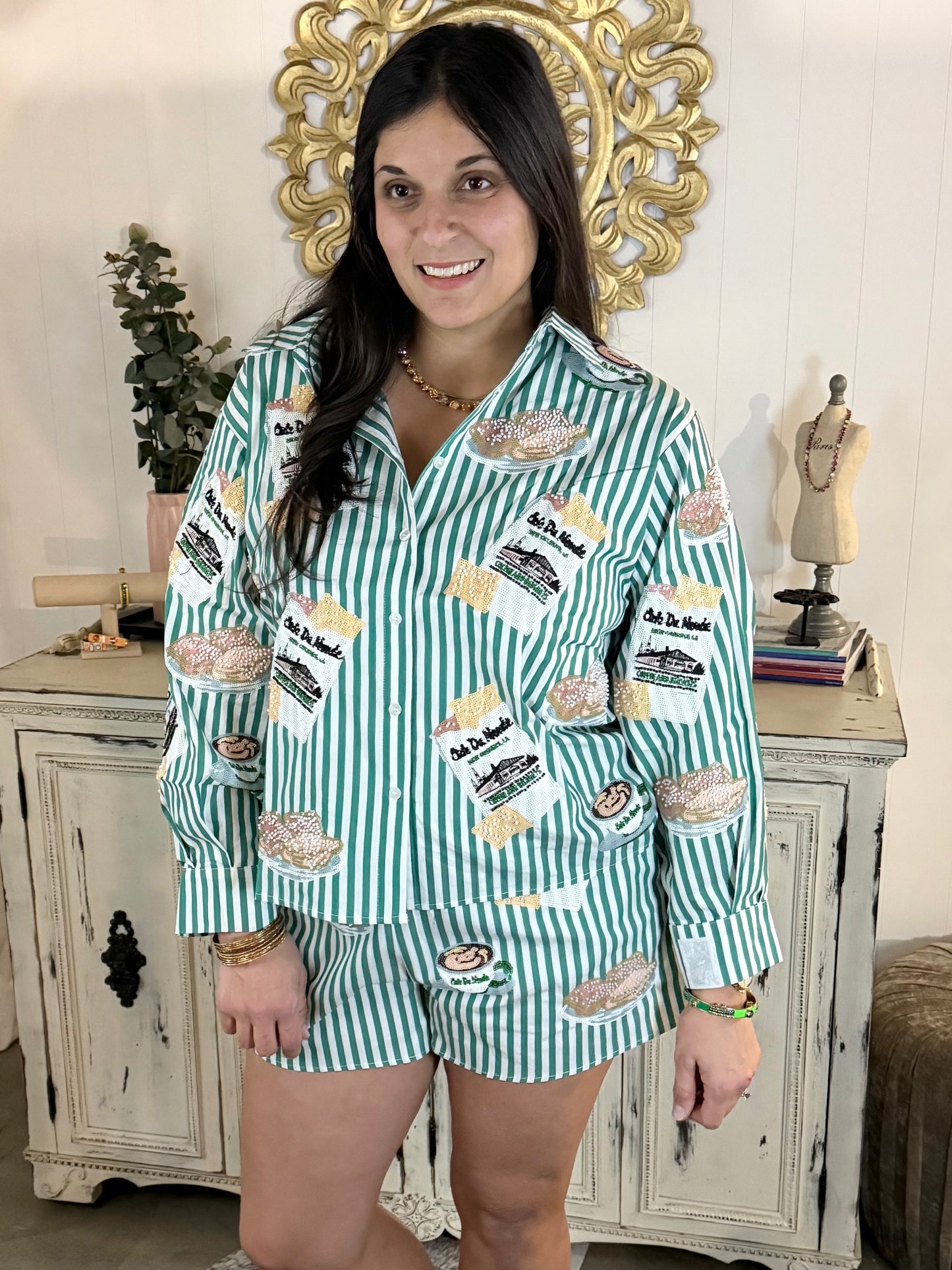 Queen of Sparkles Green & White Stripe Cafe Du Monde Top