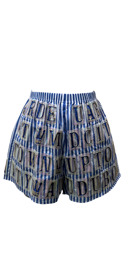 Queen of Sparkles Blue/White Stripe NOLA Street Tiles Shorts