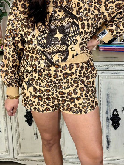 Queen of Sparkles Tan Leopard Queen Logo Short