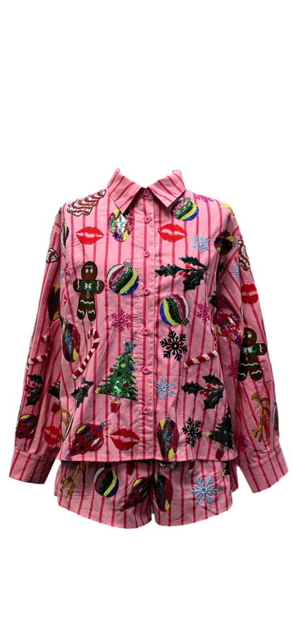 Queen of Sparkles Pink & Red Stripe Christmas Icon Top