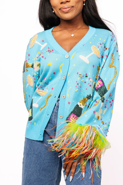 Queen of Sparkles Aqua Popping Champagne Cardigan