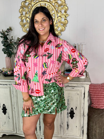 Queen of Sparkles Pink & Red Stripe Christmas Icon Top