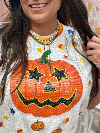 Queen of Sparkles White Full Sequin Pumpkin & Small Icon Vest