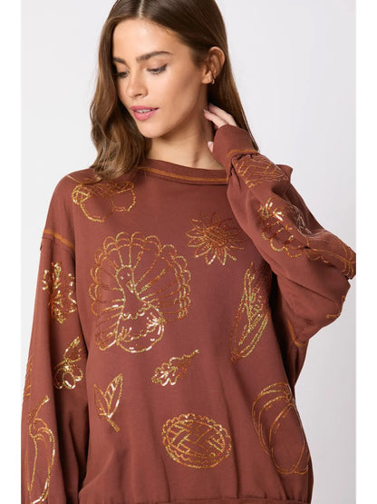 Brown Sequin Thanksgiving Icon Sweatshirt