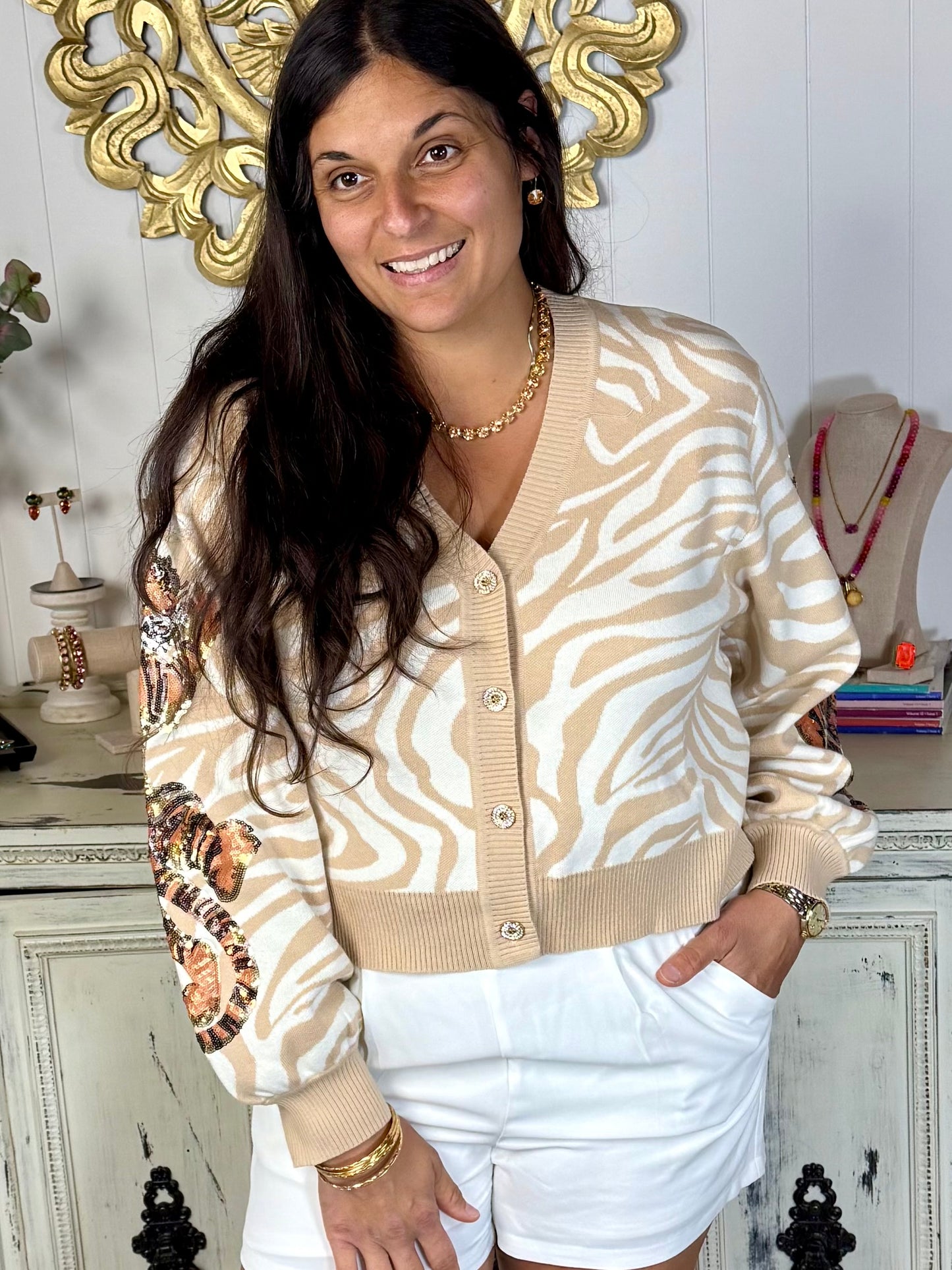 Queen of Sparkles Ivory Tiger Cardigan