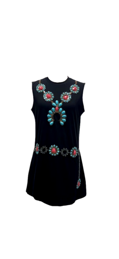 Queen of Sparkles Black Turquoise Necklace & Belt Tank Dress